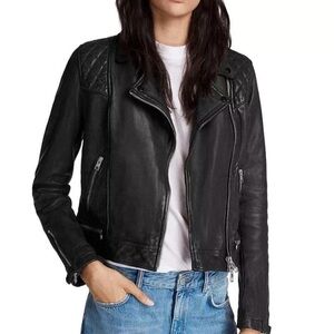 AllSaints LIKE NEW!! Black Quilted-Shoulder Leather Moto Jacket, Size 4